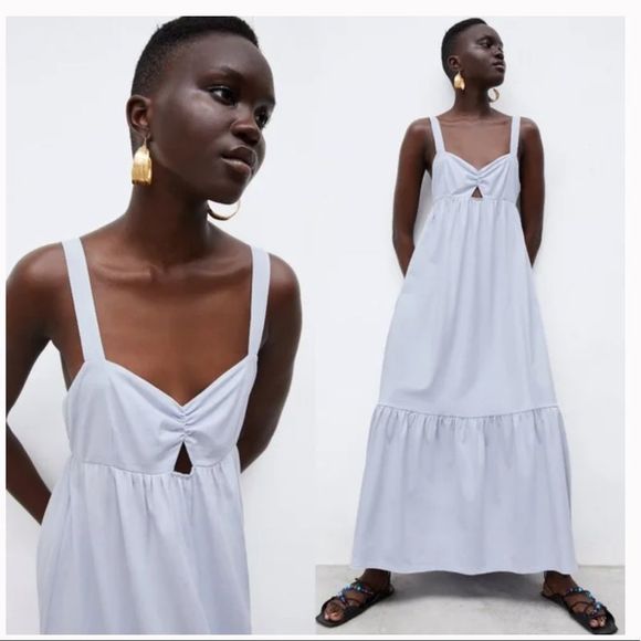 NWT Zara Gathered Front Cotton Maxi Dress Size Medium summer wedding formal - Picture 3 of 3